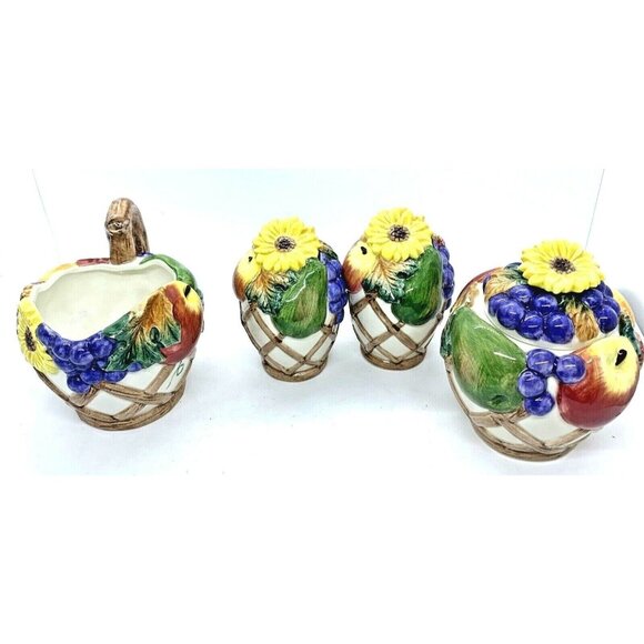 Omnibus Fitz & Floyd Sunflower Creamer Sugar Bowl Salt & Pepper Shaker Set VTG - Picture 1 of 9